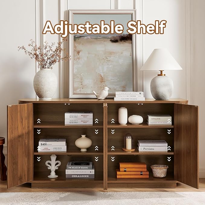 64" Sideboard Buffet Cabinet with Storage, Modern Fluted Accent Credenza with Adjustable Shelves, Wood Media Console Coffee Bar Table for Living Room Kitchen Dining Room, 31.5" H, Walnut