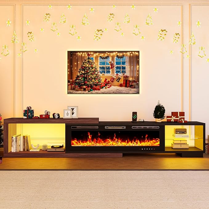 82-116" Electric Fireplace Extendable TV Stand, Modern Entertainment Center with LED Lights and Power Outlet for Up to 120 Inch TV for Living Room Bedroom, Black & Walnut