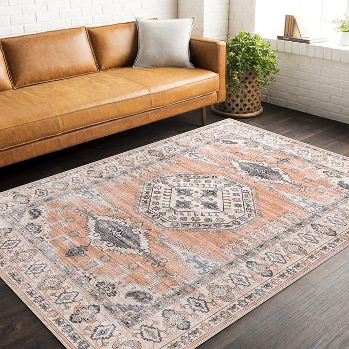 vivorug 4x6 Rug, Small Area Rug for Living Room, Bedroom, Kitchen, Machine Washable Non-Slip Throw Rug, Vintage Distressed Carpet for Entryway Nursery Dinner Room, Orange