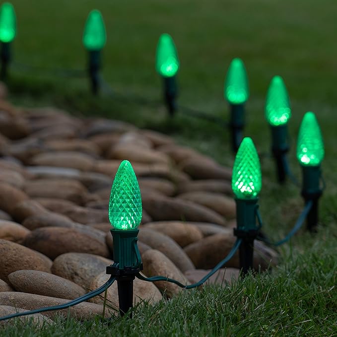 Wintergreen Lighting OptiCore LED C9 Green Christmas Pathway Lights, Heavy Duty Bulbs for Driveway, Walkway Marker, 5" Commercial PathPRO Stakes, 18 Gauge Plug-in Green Wire, 100 Lights, 100 ft