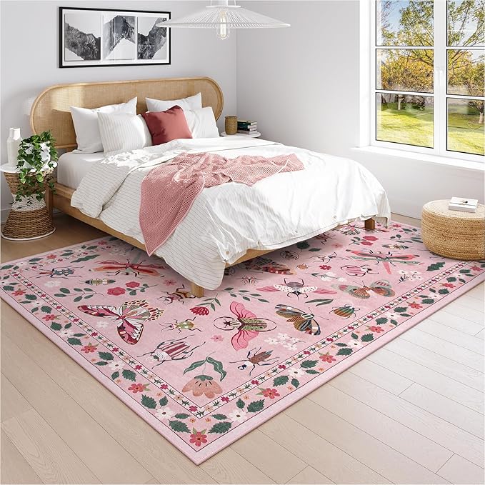 Lahome Insect Washable Rugs 8x10, Soft 8x10 Rugs for Living Room Dining Room Ultra-Thin, Non-Slip Bedroom Rug Large Carpet Non-Shedding Accent Rug for Girls Classroom Nursery(8x10ft,Pink)