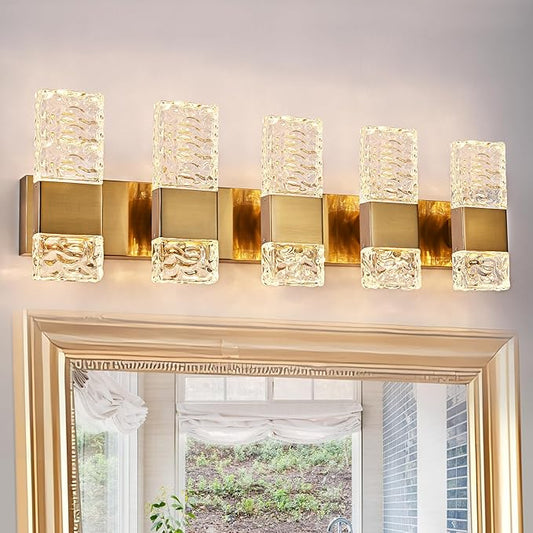 VINLUZ LED 40W Modern Bathroom Lighting Fixture 5 Light in Brushed Brass Finish,Farmhouse Vanity Lights with Crystal Lampshade,Metal Indoor Wall Lamp Over Mirror