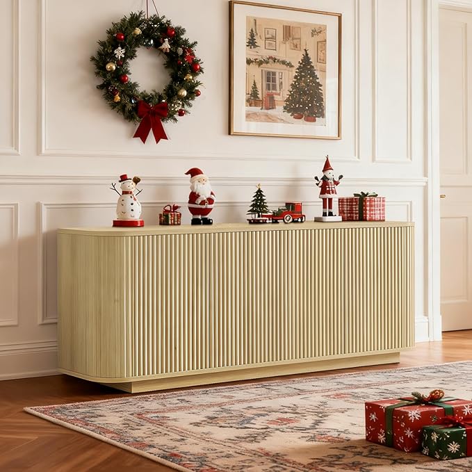 64" Buffet Sideboard Cabinet with Storage, Modern Fluted Accent Credenza with Adjustable Shelves, Wood Coffee Bar Console Table for Living Room Kitchen Dining Room Hallway, Natural