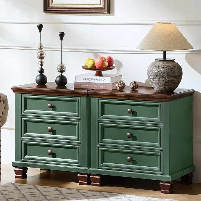 Farmhouse Nightstand Set of 2, Rustic Accent End Table with 3 Drawers & 4 Square Solid Wood Legs, Vintage Bed Side Table with Storage, Small Dresser for Bedroom, Living Room, Green