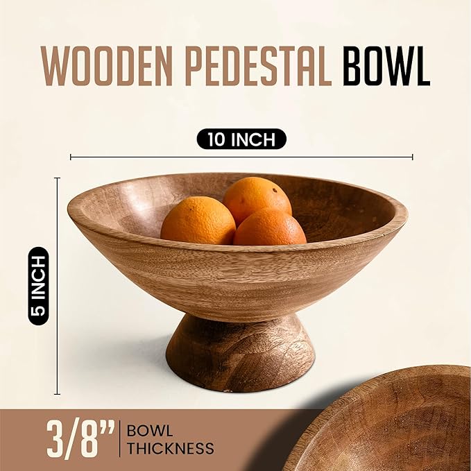 Brown Pedestal Bowl - 10 Inch, Wide Brown Footed Bowl as Fruit, Key, Decorative, Candy Holder or Centerpiece, Wooden Bowl Decorative for Kitchen, Dining Table & Modern Home Accessories