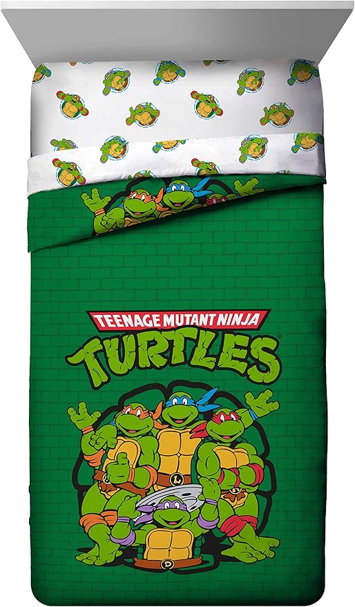 Jay Franco Nickelodeon Teenage Mutant Ninja Turtles Green Bricks 4 Piece Toddler Bed Set - Includes Reversible Comforter & Sheet Set Bedding - Super Soft Fade Resistant Microfiber