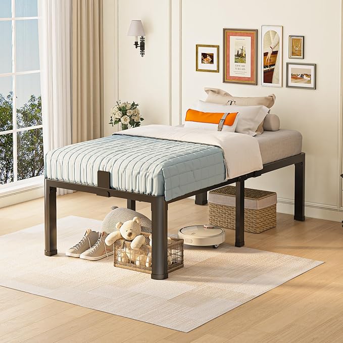 18 inch Twin XL Bed Frame with Round Corner Legs Mattress Slide Stopper,3500 lbs Heavy Duty Metal Platform,No Box Spring Needed,Easy Assembly,Noise Free