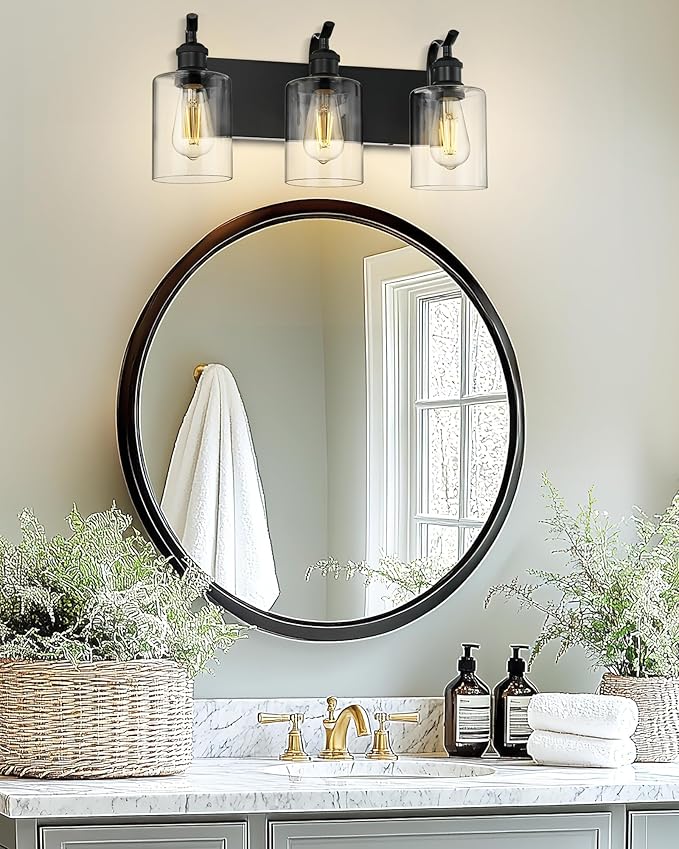 3-Light Black Bathroom Light Fixture Over Mirror, Modern Vanity Light, Clear Glass Wall Sconce, VL01BK-3