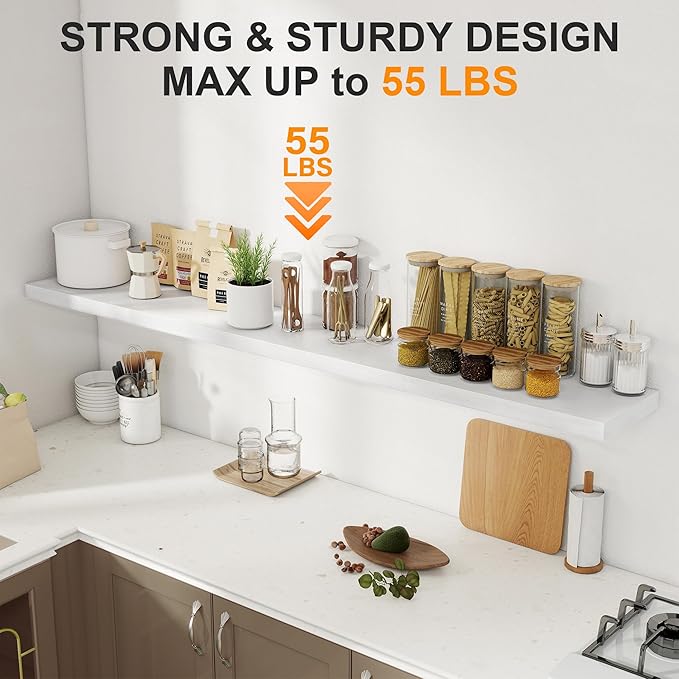 72 Inch Floating Shelves 2 Pack, 8 Inch Deep Floating Shelf Wall Mounted, Large Shelves with Invisible Bracket for Books|Storage, Rustic Wood Wall Shelf for Bedroom, Kitchen, Living Room, White