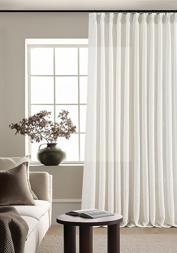 102 Inch Long Curtains Extra Wide 70 Inch Width Pinch Pleat Linen Curtains for Living Room Cream Light Filtering Privacy Pleated Hooks Rings Back Tab for Sliding Door 1 Panel