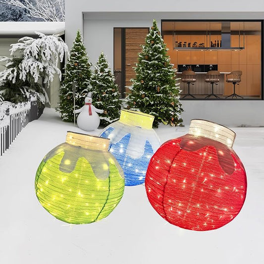 240 LED Light Up Pop-Up Christmas Ball Decorations, Lighted Foldable Waterproof Safe Material Flocked Hanging Ball with Base Stakes/Zip Ties for Indoor Outdoor Christmas Home Decor, Plug and Play