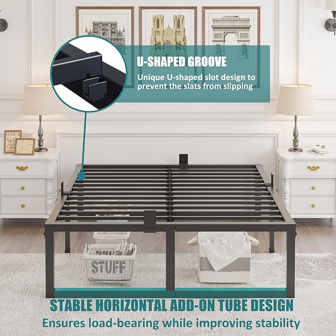 California King Bed Frame, 18 Inch High 3500 lbs Metal Platform, Mattress Foundation with Steel Slat Support/No Box Spring Needed/Noise Free/Non-Slip/Easy Assembly