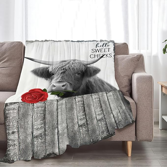 Funny Highland Cow Throw Blanket - Farm Cow Gifts & Decor, Soft Warm Cozy Fleece Blanket for Couch, Sofa, Bed - 80"x60"