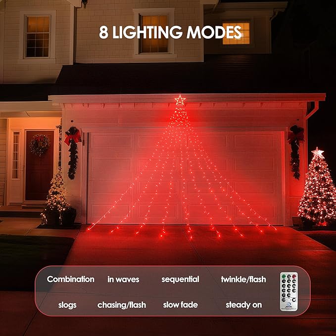 WBao 344 LED Christmas Lights Outdoor Decorations with 12" Star Topper, 11.9ft Waterfall Christmas Lights, Remote Control 8 Modes, 3 Timers, UL Listed Waterproof for Tree Roof Porch Xmas Decor, Red
