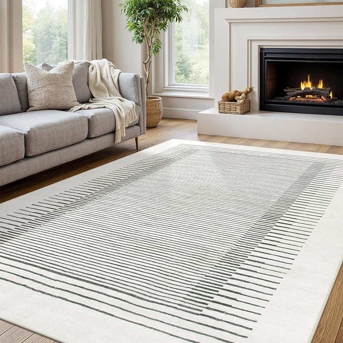 Morebes Modern 8x10 Rug for Living Room, Washable Stain-Resistant Soft Bedroom Area Rug Non Slip, Geometric Stripe Low Pile Indoor Carpet for Dining Room Farmhouse Home Office,White/Grey