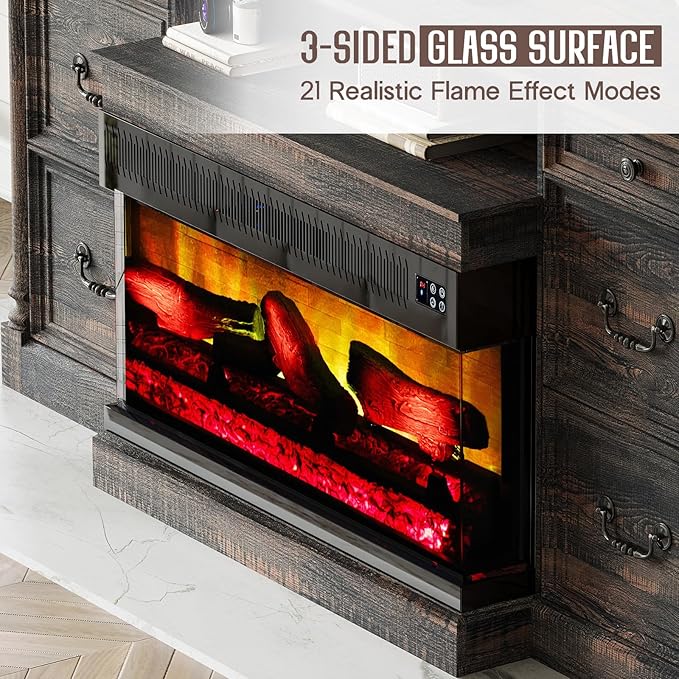 Farmhouse Fireplace TV Stand with 36 inch 3-Sided Glass Fireplace, 75 inch Large TV Console with Storage Cabinets and Drawers, Wood Entertainment Center for TVs up to 85 inch, Dark Oak