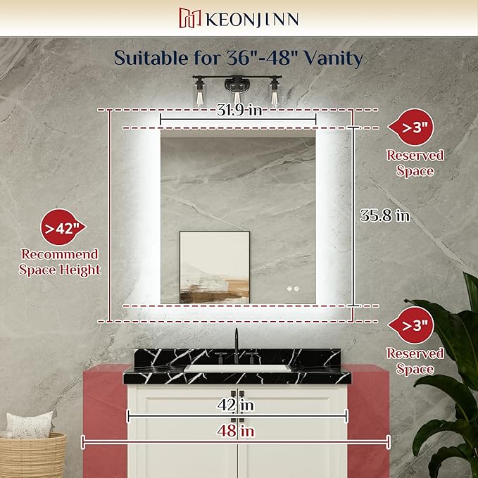 Keonjinn Bathroom Mirror with Lights 32 x 36 Inch, LED Mirror with Backlit, Anti Fog Lighted Mirror with Stepless Dimmable, UL Listed LED Driver, IP44 Waterproof, CRI90+, HD Tempered Glass