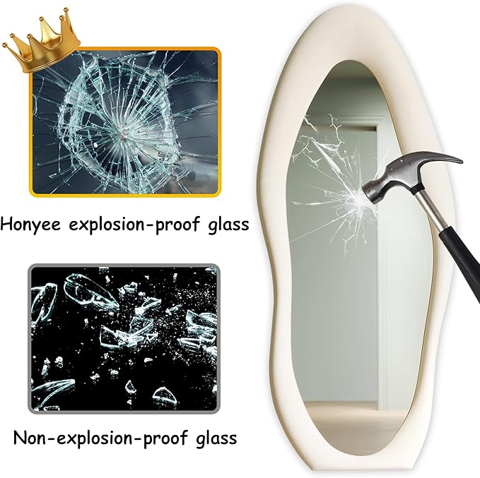 Honyee Full Length Mirror, 63" x 24" Wall Mirror, Flannel Wrapped Wooden Frame Full Body Mirror, Irregular Wavy Mirror Hanging or Leaning Against Wall for Cloakroom/Bedroom/Living Room, Ivory White