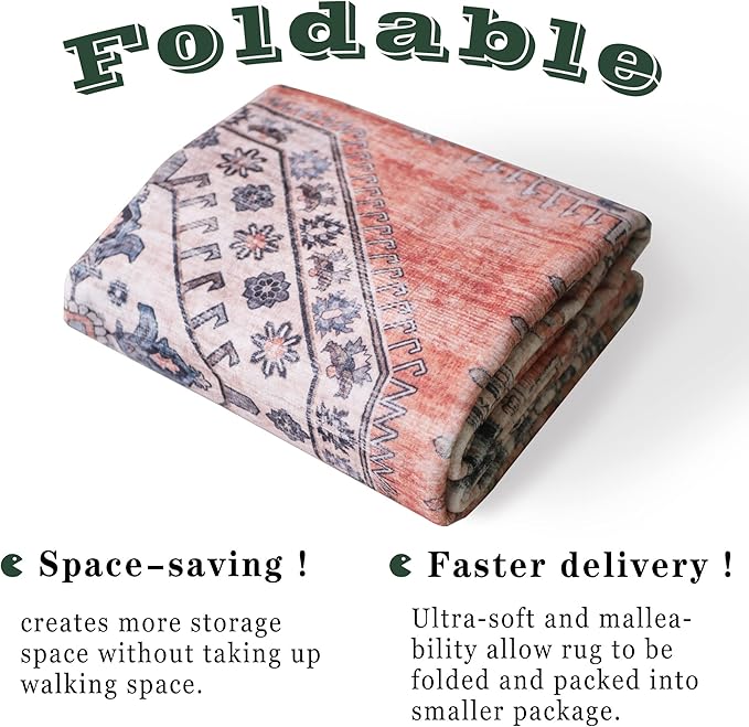 vivorug Runner Rug 2x10 Machine Washable Rug with Non-Slip Backing, Ideal for Kitchen Hallway Entryway Laundry Room - Vintage, Durable, Easy Clean, Low Pile Carpet Runner, Orange