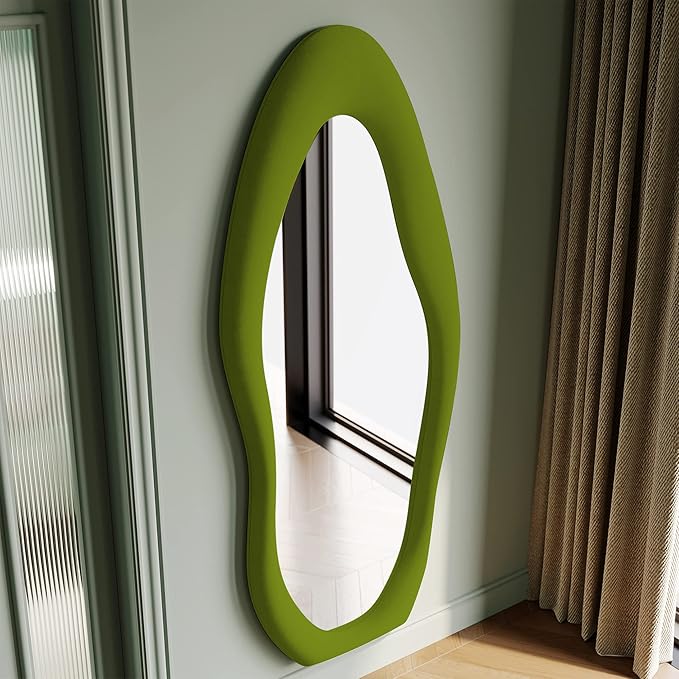 Honyee Full Length Mirror, 63" x 24" Wall Mirror, Flannel Wrapped Wooden Frame Floor Mirror, Irregular Wavy Mirror Hanging or Leaning Against Wall for Cloakroom/Bedroom/Living Room, Green