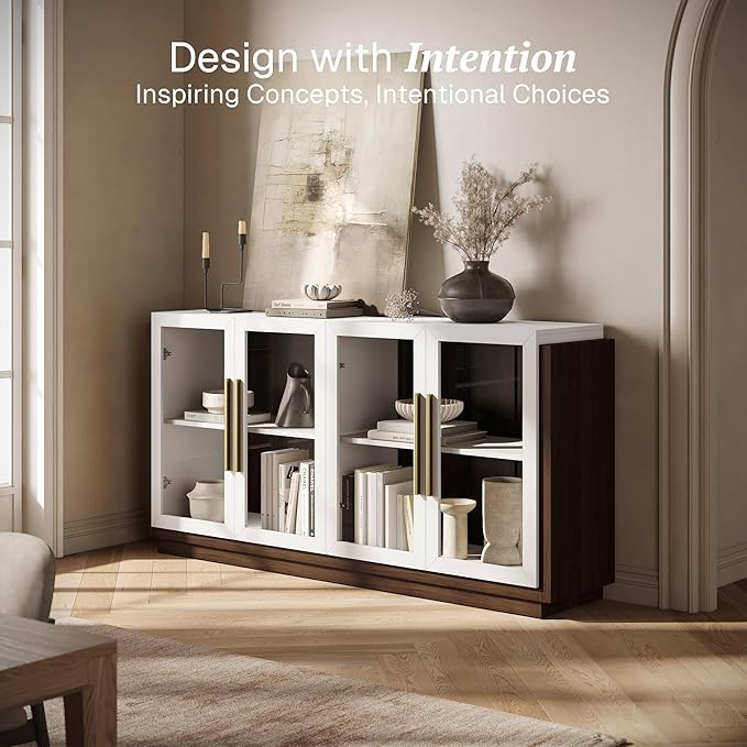 BELLEZE Sideboard Buffet Cabinet, Modern Wood Glass-Buffet-Sideboard with Storage, Console Table for Kitchen, Dining Room, Living Room, Hallway, or Entrance - Brixston (White)