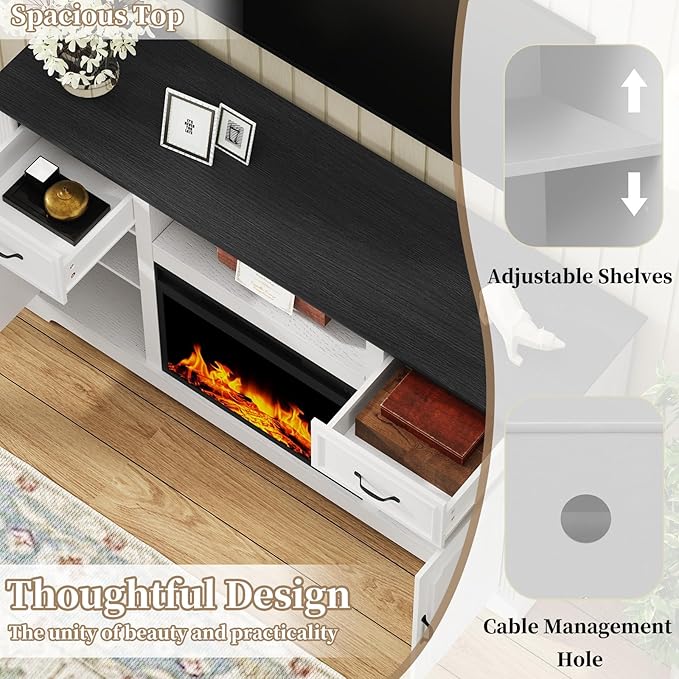 ARTPOWER Fireplace TV Stand for TV up to 65'', Consoles Cabinet with Adjustable Shelves, Modern Entertainment Center with Storage for Living Room, White