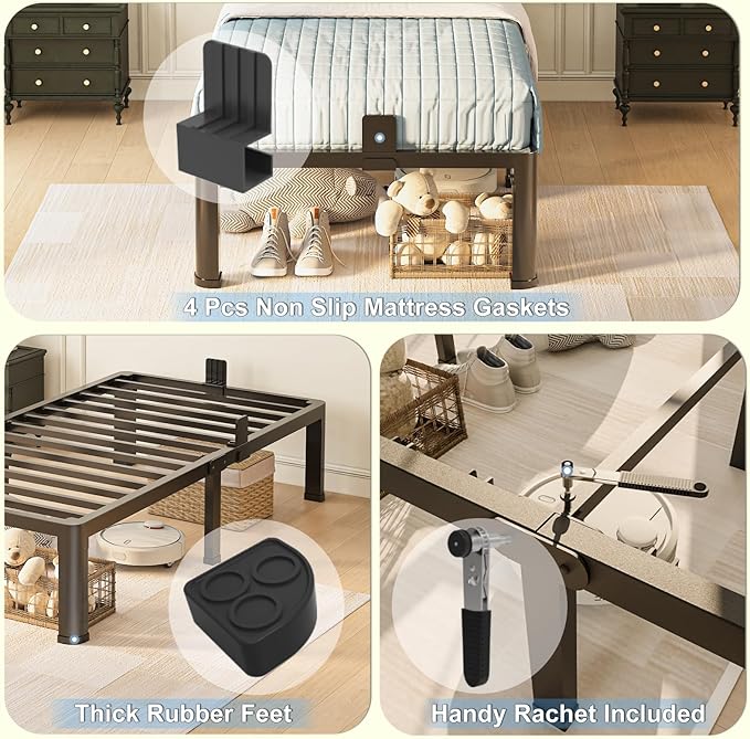 14 inch Twin Bed Frame with Round Corner Legs Mattress Slide Stopper,3500 lbs Heavy Duty Metal Platform,No Box Spring Needed,Steel Slat Support,Easy Assembly,Noise Free