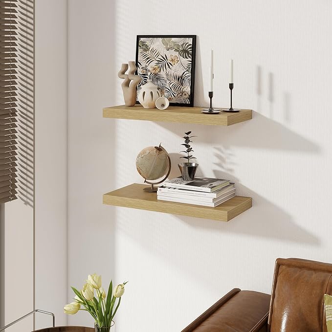 Floating Shelves for Wall, 22.5"W x 8"D Wall Shelf, Rustic Wood Floating Shelf 22.5 Inch Long, Bathroom Shelves Set of 2, 8 Inch Deep Floating Shelves for Living Room, Bedroom, Kitchen, Oak Color