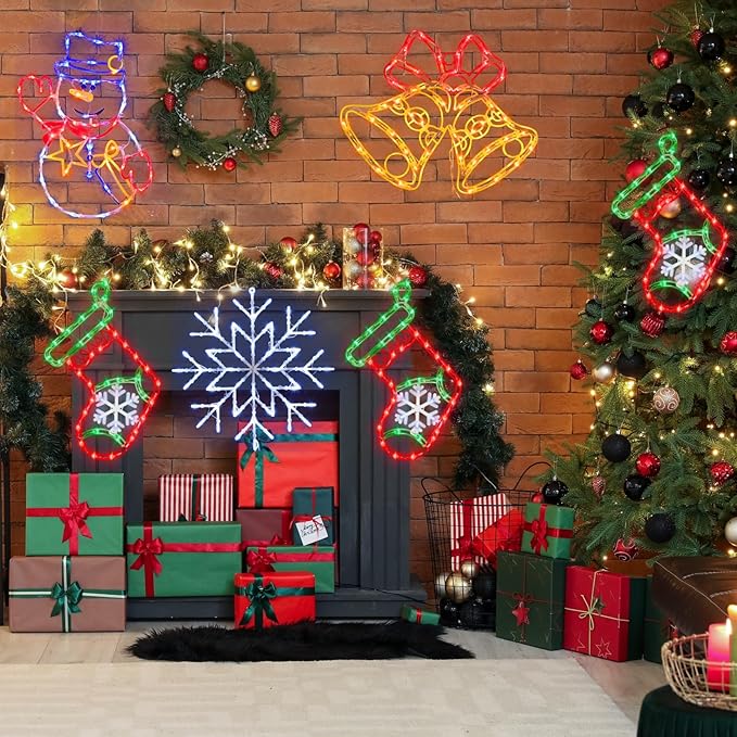 16" Christmas Window Silhouette Lights - 6 Pack Colour Lighted Snowflake, Gift Box, Christmas Tree, Christmas Stocking, Snowman, Candy Cane for Holiday Indoor and Outdoor Wall Door Window Decorate