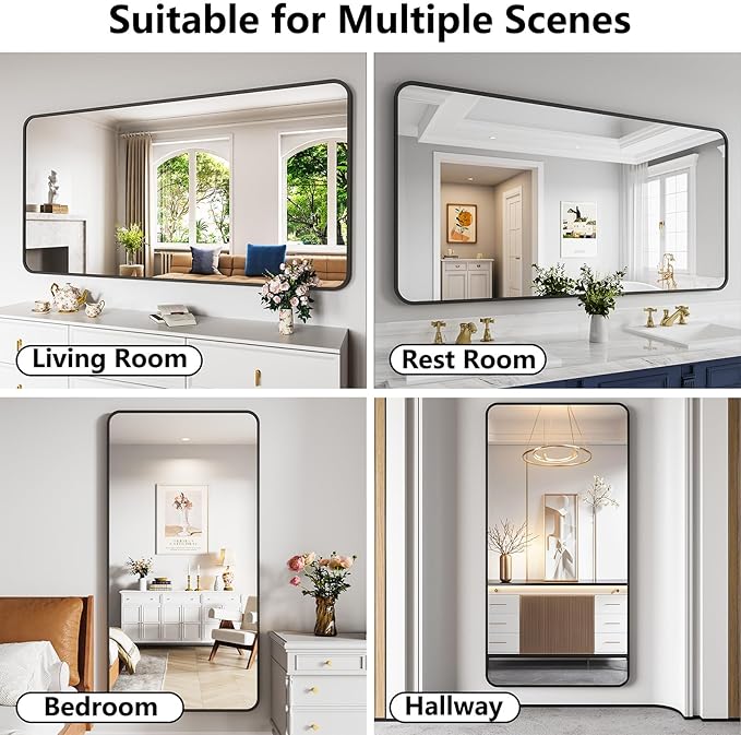 Koonmi Bathroom Mirror, 36X71 Inch Black Metal Framed Mirror for Bathroom, Tempered Glass, Anti-Rust, Rounded Rectangle Mirror for Restroom, Bedroom, Black