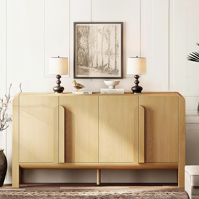 WAMPAT 63" Wide Large Buffet Sideboard Cabinet with Storages, Modern Buffet Table Coffee Bar Wine Bar Storage Curved Cabinet with 4 Doors for Dining Room, Living Room, Kitchen,Oak
