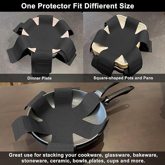 Pot & Pan Protectors, 3-Piece Silicone Cookware Protector Pad, Stacking Pan Protector. It Has a Unique Opening and Fixing Design That Can be Used to Protect and Separate Pots and Pans-Black