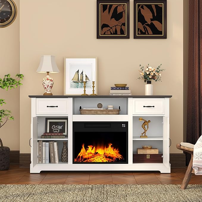 ARTPOWER Fireplace TV Stand for TV up to 65'', Consoles Cabinet with Adjustable Shelves, Modern Entertainment Center with Storage for Living Room, White