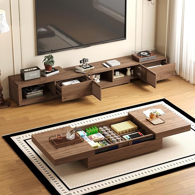 Mid-Century Modern TV Stand & Expandable Coffee Table Set, Walnut Finish, Stylish Storage Combo for Living Room or Bedroom (78.54“ to 103" TV Stand+Coffee Table)