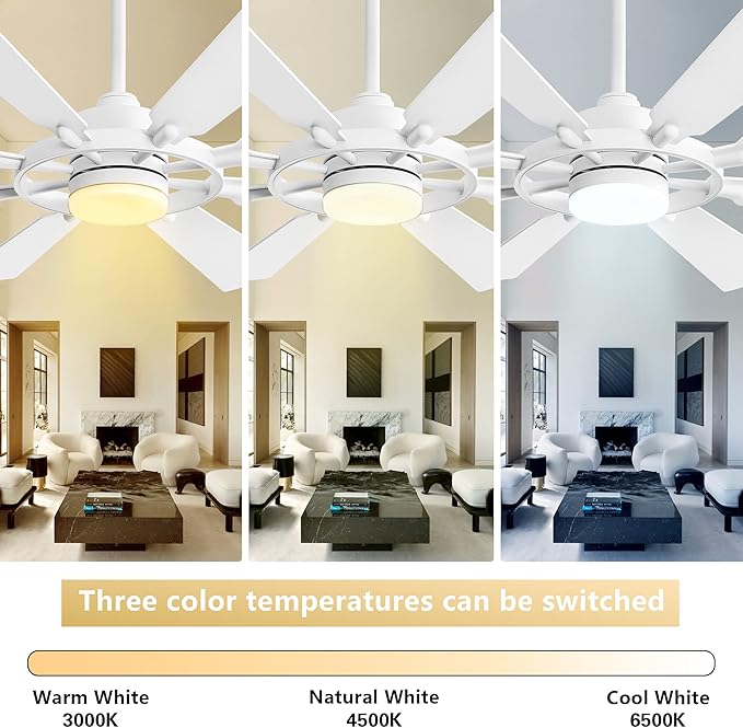 ELEHINSER 60 Inch Ceiling Fan with Lights and Remote Control, 8 Plywood Blades, 6-Speed Noiseless Reversible DC Motor, 3CCT, Windmill Ceiling fan for Kitchen Bedroom Living Room, Gloss White