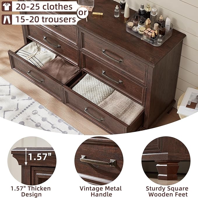Farmhouse Espresso 6 Drawer Dresser for Bedroom, 54 inch Wide Vintage Large Chest of Drawers with Wood Legs, Rustic TV Console for Living Room, Walnut Wooden Storage Closet Dressers