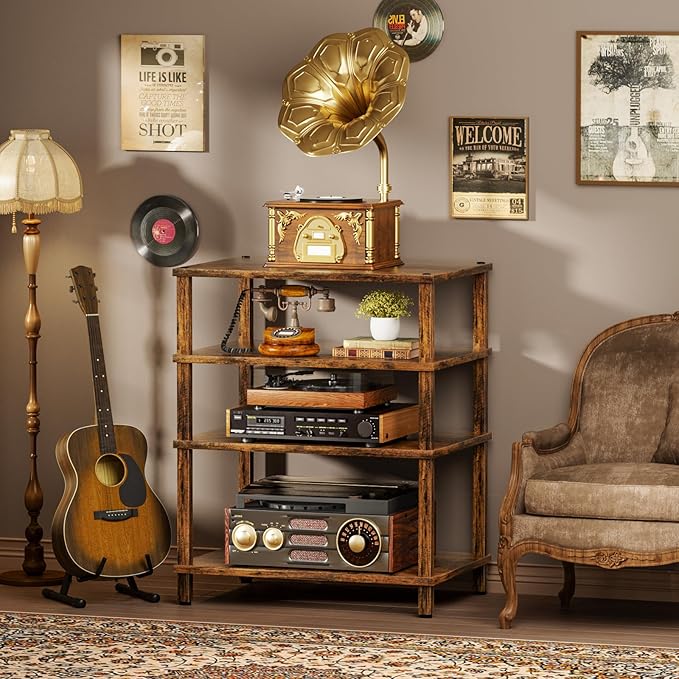 LELELINKY 4-Tier AV Media Player Stand Set of 2, Brown Stereo Cabinet, Wooden TV Stand,Game Console Shelf, Multifunctional Entertainment Center, Suitable for Home, Conference Room, Game Studio