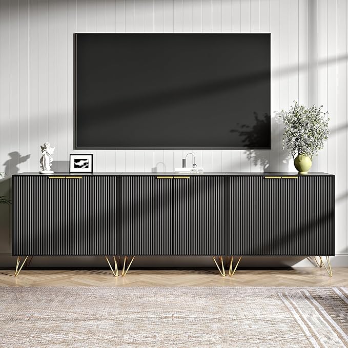 Fluted TV Stand for 90 Inch TV,Modern Black and Gold TV Stand,TV Console Entertainment Center with 3 Storage Cabinets,Adjustable Shelves & Gold Handles,Wood Media Cabinet for Living Room