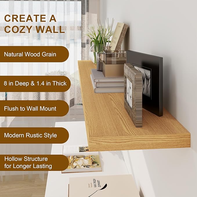 Fun Memories Floating Shelves 55 Inch Long, 8 Deep Floating Shelves for Wall, Large 55 x 8 Display Shelves for Living Room, Kitchen, Wood Deep Wall Shelves for Home Storage, Oak Color, 1 Pack