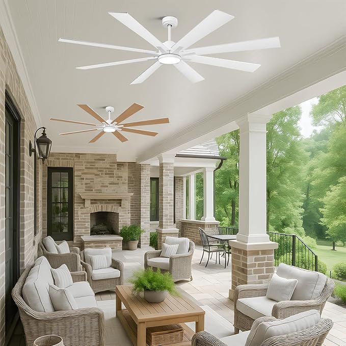 72 Inch Large Outdoor Ceiling Fans for Paitos with Light Remote, Modern Industrial Ceiling Fan with White/Oak Blade 6 Speed Quiet Reversible DC Motor, Dimmable High CFM Ceiling Fan for Indoor/Exterior