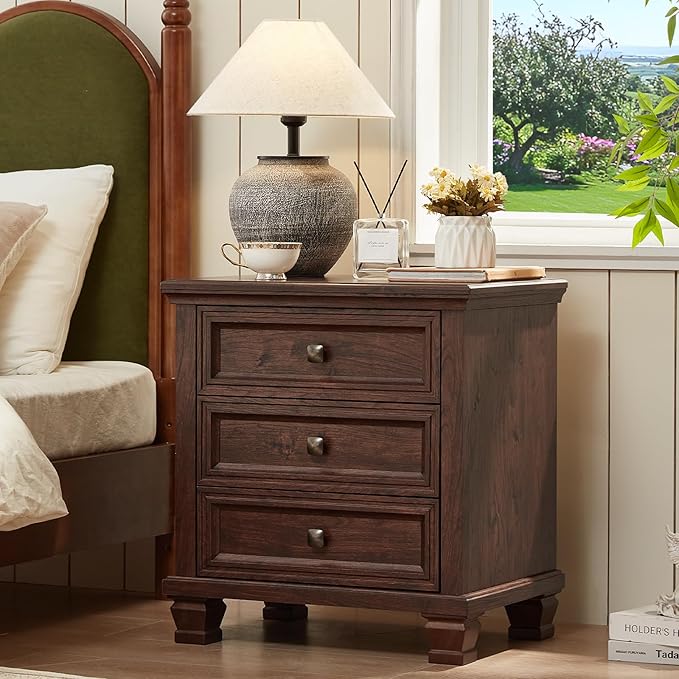 Farmhouse Nightstand Set of 2, Rustic Couch End Table with 3 Drawers & 4 Square Solid Wood Legs, Vintage Bed Side Table with Storage, Small Dresser for Bedroom, Living Room, Walnut