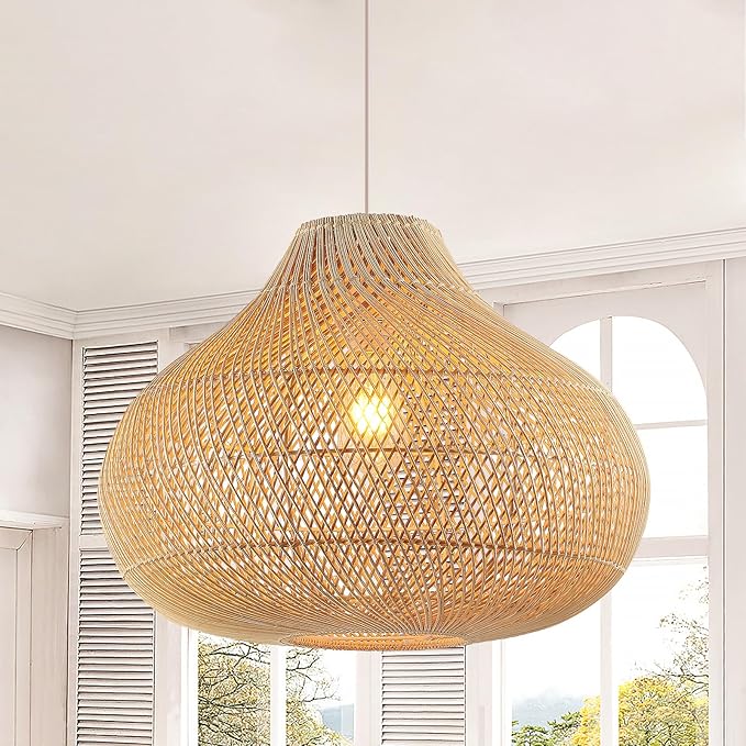 Large Rattan Pendant Light, 19.7" Rattan Boho Wicker Chandelier Hand-Woven Basket Pendant Light Fixtures for Dining Room Kitchen Island Living Room