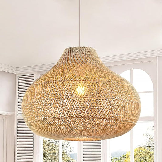Large Rattan Pendant Light, 19.7" Rattan Boho Wicker Chandelier Hand-Woven Basket Pendant Light Fixtures for Dining Room Kitchen Island Living Room