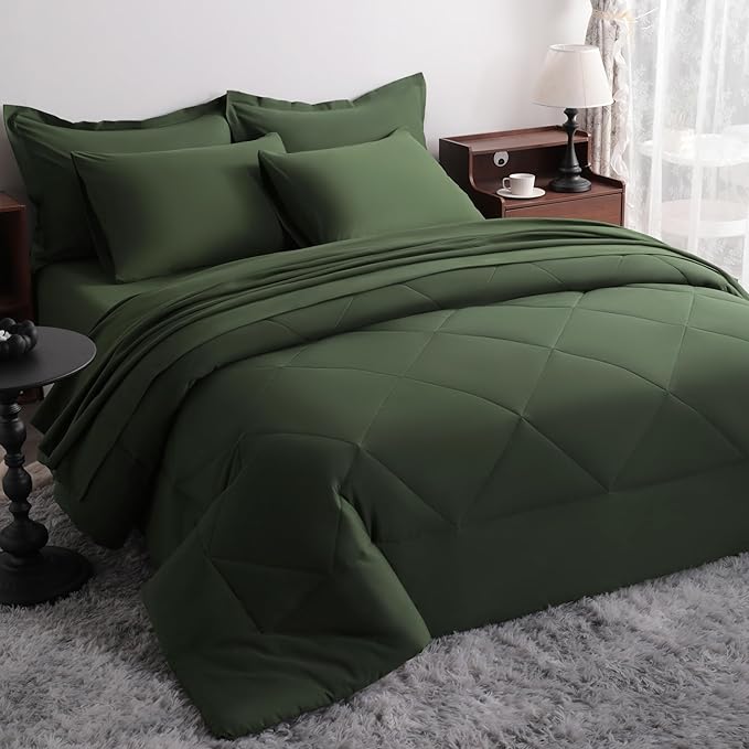 NTBAY Queen Comforter Set with Sheets, 7 Pieces Soft and Breathable Queen Bedding Set, Bed in a Bag, Down Alternative Comforter Set Solid Color All Season, Queen Bedding Set, Olive Green
