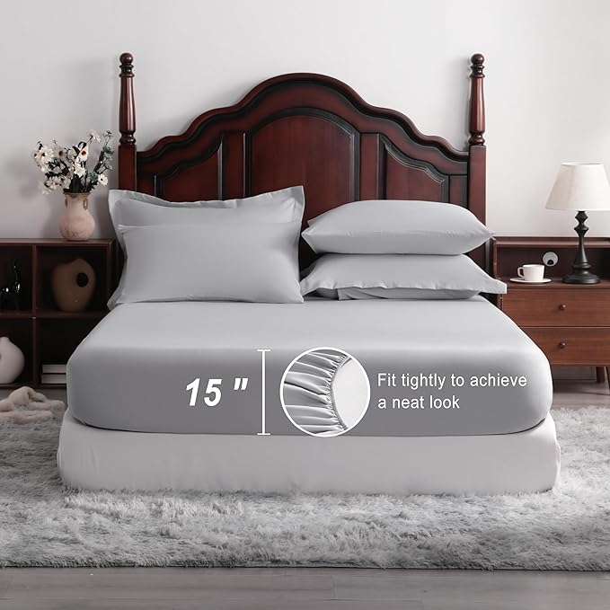 NTBAY King Comforter Set with Sheets, 7 Pieces Soft and Breathable King Bedding Set, Bed in a Bag, Down Alternative Comforter Set Solid Color All Season, King Bedding Set, Light Grey