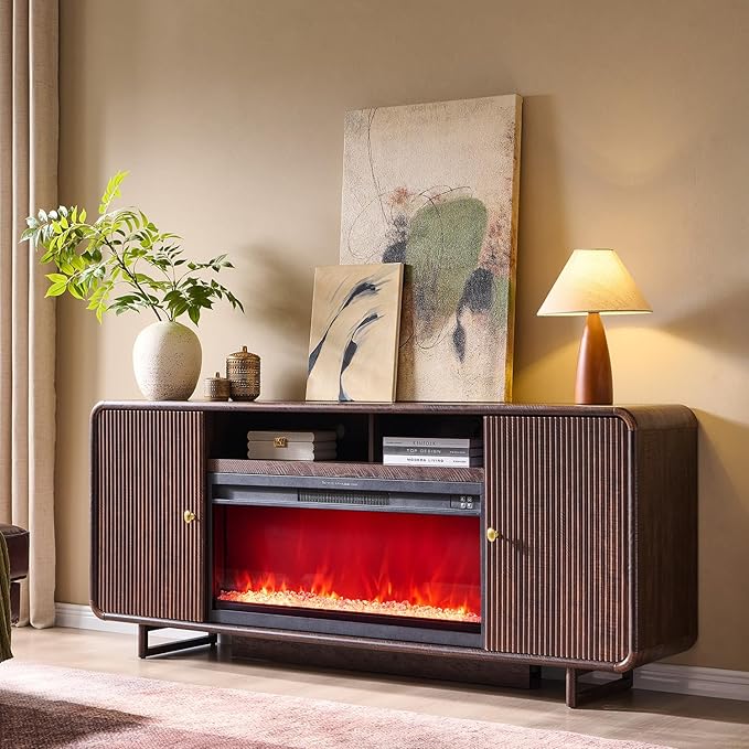 70" Fluted Fireplace TV Stand for 80 Inch TV, Modern Entertainment Center w/36'' Electric Fireplace, Wood Media Console w/Curved Profile Design and Adjustable Shelves for Living Room, Brown