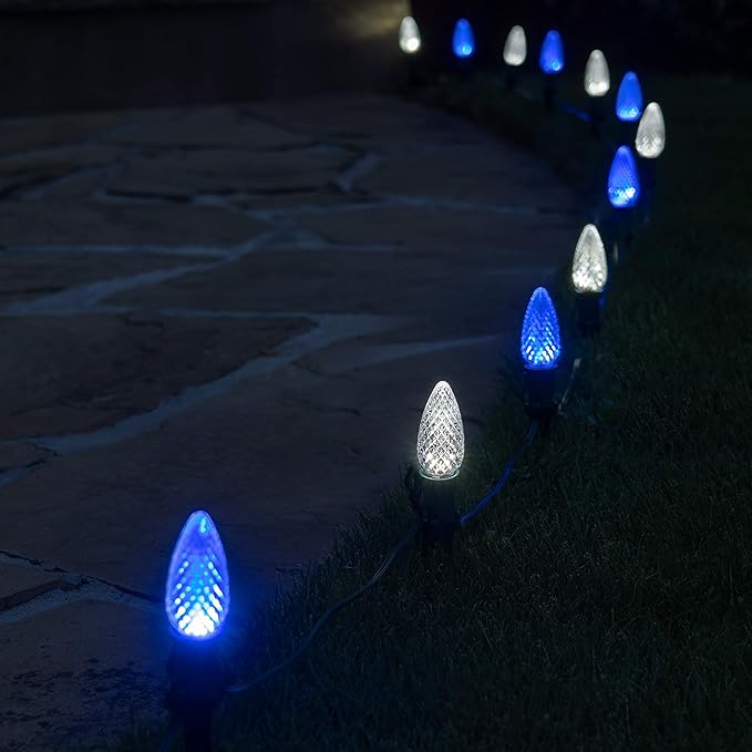 Wintergreen Lighting 50' OptiCore LED C9 Blue and White Pathway Christmas Lights, Heavy Duty Bulbs for Driveway, Walkway Marker, 5" Commercial PathPRO Stakes, 18 Gauge Green Wire