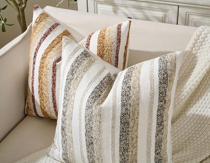 Zealax Modern Farmhouse Decorative Pillow Covers 20x20 Inch Boho Throw Pillows Neutral Soft Chenille Couch Cushion Covers, Set of 2 Velvet Striped Accent Pillows Cases for Sofa Bed Living Room, Beige