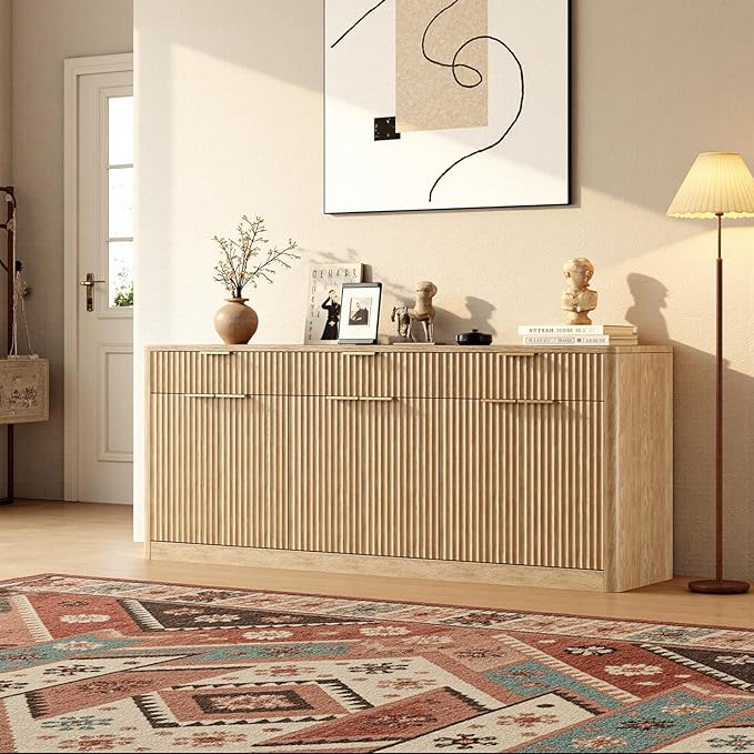 Evermagin 67" Fluted Oak Sideboard Buffet Cabinet with 3 Drawers, Modern Credenza with Storage, Console Coffee Bar Cabinet for Kitchen, Living Room and Entryway (67" W x 31.5" H x 15.7" D)