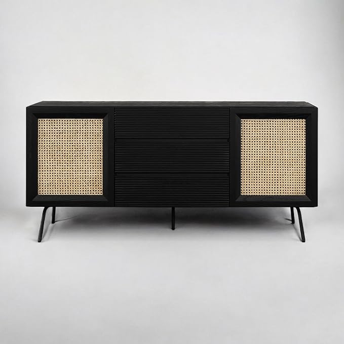 NTC MOSSIC Large Sideboard with 2 Doors and 3 Drawers, Buffet Cabinet with Natural Rattan and Metal Legs, Modern Storage Cabinet for Living Room, and Hallway, Effortless Assembly - Burnt Black